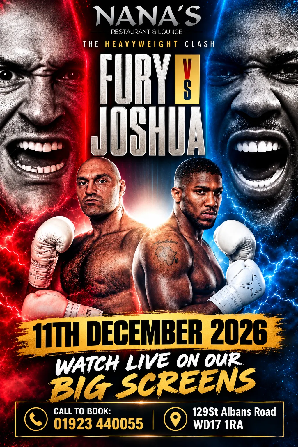 Fight-night poster: Tyson Fury and Anthony Joshua face off under the words Fury vs Joshua, 11th December 2026, watch live on our big screens