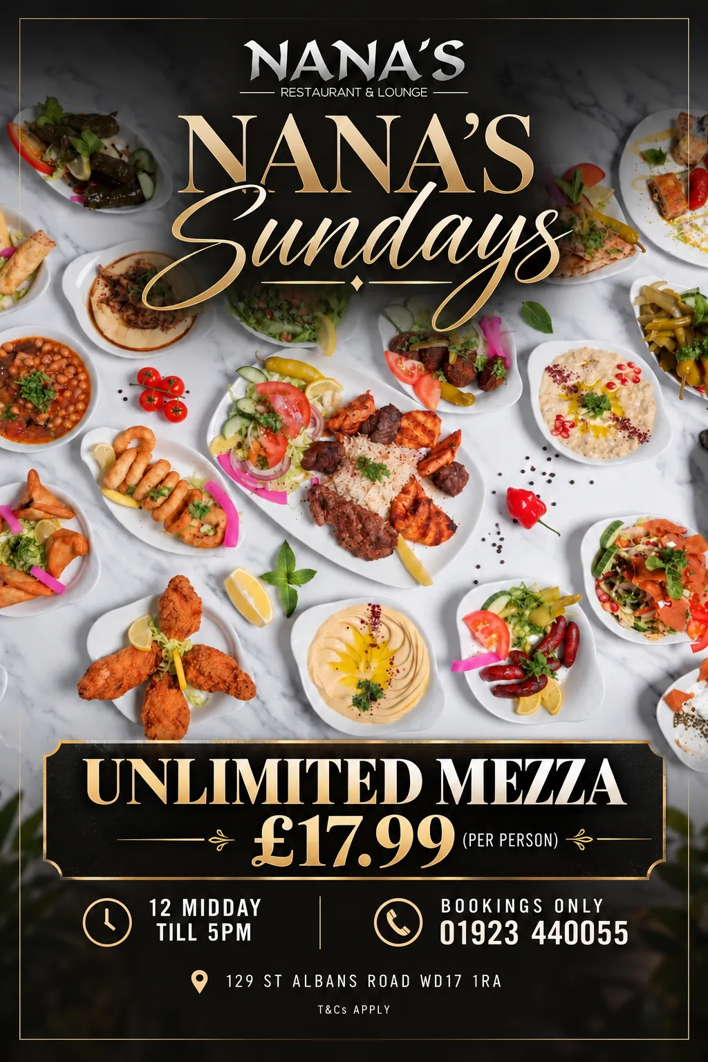 Nana's Sundays poster: a table spread with mezze, grills, hommous and salads, unlimited mezza £17.99 per person